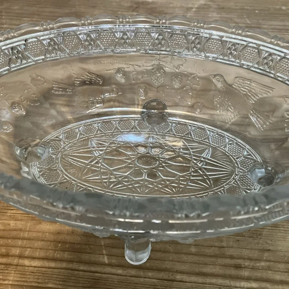Antique EAPG Indiana Glass Footed Bowl + Creamer Set Birds Strawberries Pattern